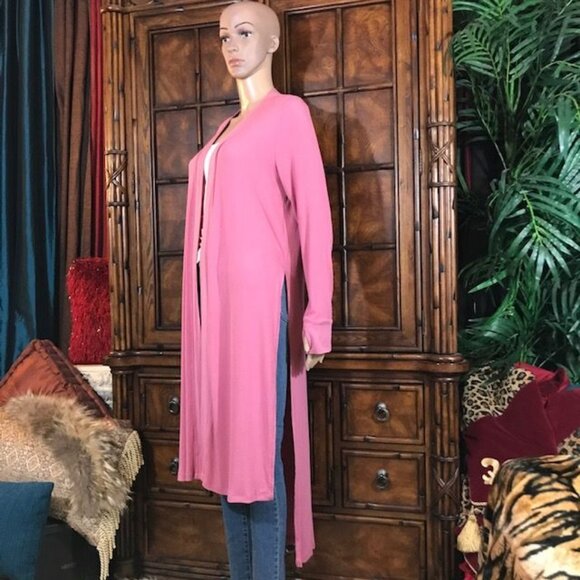 NWOT Cuddl Duds Pink Ribbed Knit High Slit Open Front Duster Cardigan - Picture 2 of 11